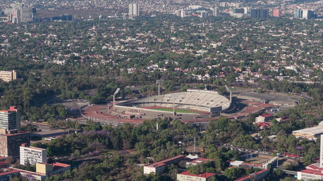 Drone shot approaching deserted University Olympic Campus at UNAM, CDMX