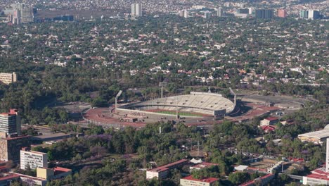 drone shot approaching deserted university olympic campus at unam, cdmx