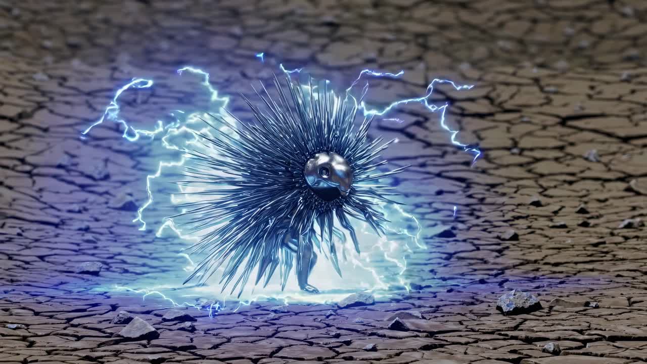 Metallic Hedgehog Creature in a Desert Landscape with Lightning