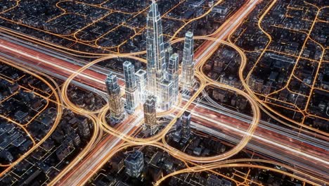 aerial view of a modern cityscape at night, showcasing a breathtaking urban landscape illuminated by bright lights and dynamic traffic patterns