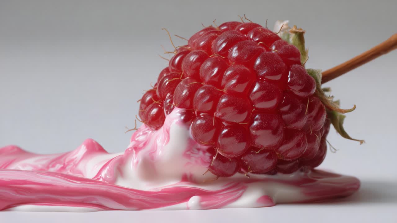 A Plump Raspberry Resting on a Smooth Surface with Creamy Pink Swirls Below, Showcasing Its Juicy Texture and Vibrant Color Against a Minimalistic Background