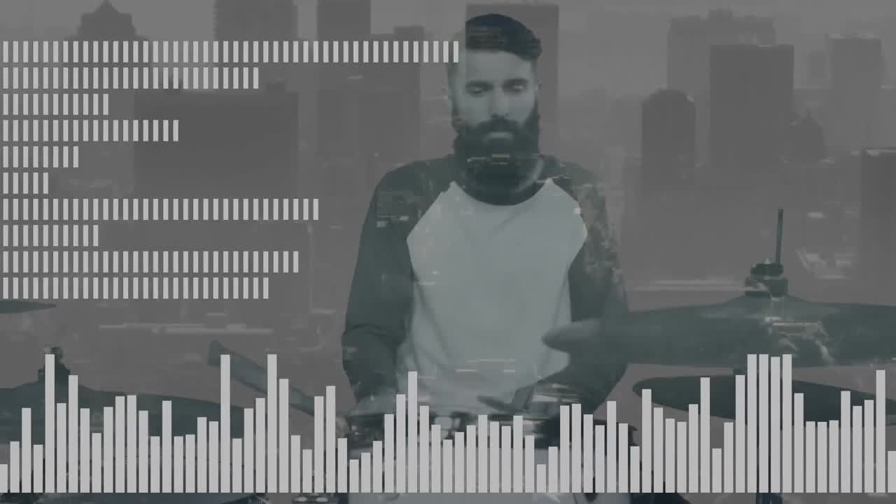 animación de líneas blancas y paisaje urbano sobre la silueta de un baterista caucásico