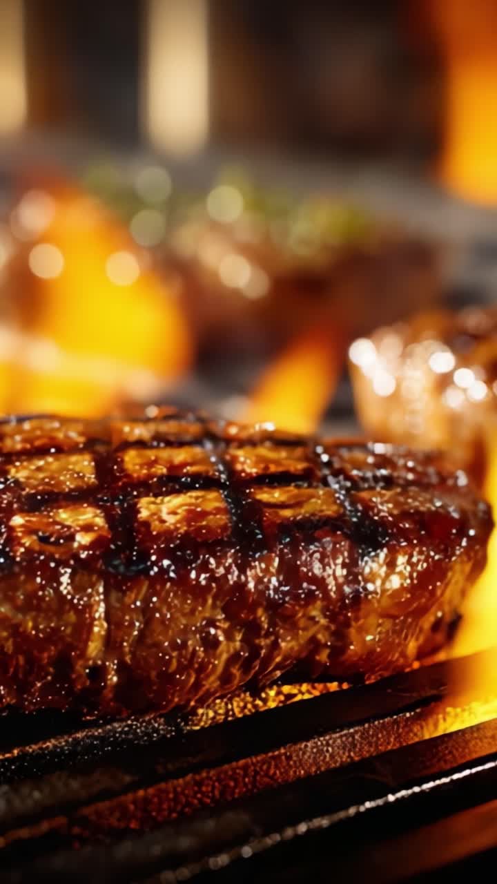Bistecca alla griglia sfrigolante con segni di cottura perfetti e glassa ricca, che cattura l'essenza delle deliziose tecniche di cottura barbecue e dell'eccellenza culinaria