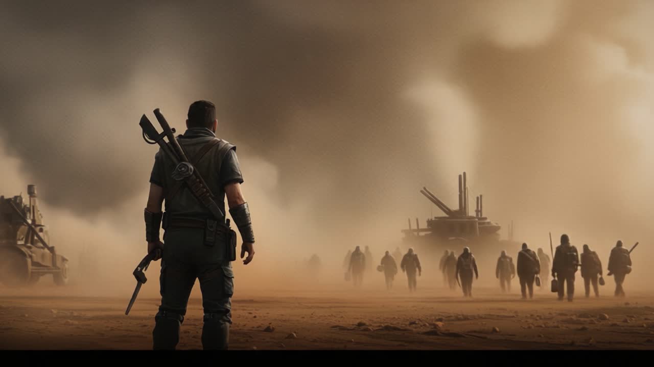 A lone figure stands resolutely in a desolate landscape as a group of shadowy figures approaches through swirling dust and smoke, evoking a sense of mystery and confrontation