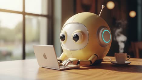 a charming robot engaged in digital work at a cozy cafe, typing on a laptop with a cup of coffee nearby, showcasing futuristic technology and whimsical design
