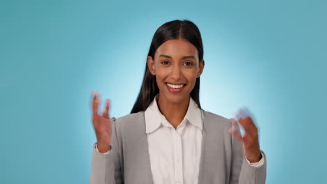 Business-woman,-wave-and-hello-portrait-in-studio