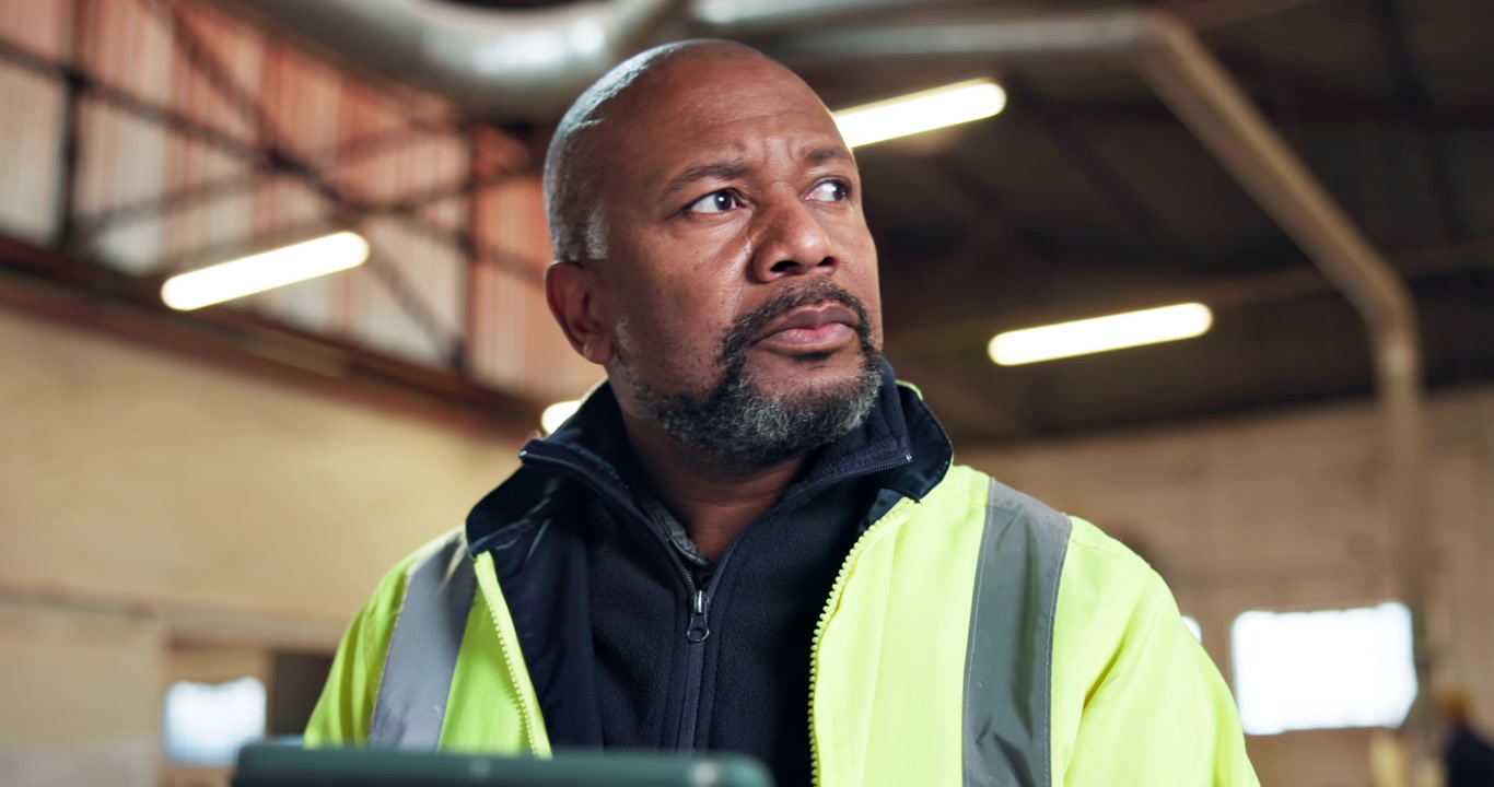 Mature Male Warehouse Manager Using Digital Tablet in Industrial Facility