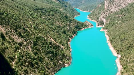 water flow along the valley of spain, catalonia forest, drone moving over the catalonia river