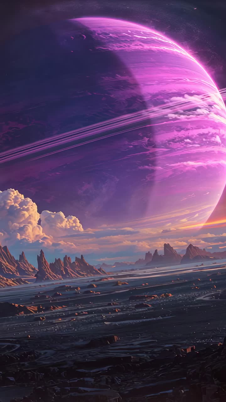 Vertical video: Panning cam centering ringed magenta gas giant at rocky plain revealing rings moons