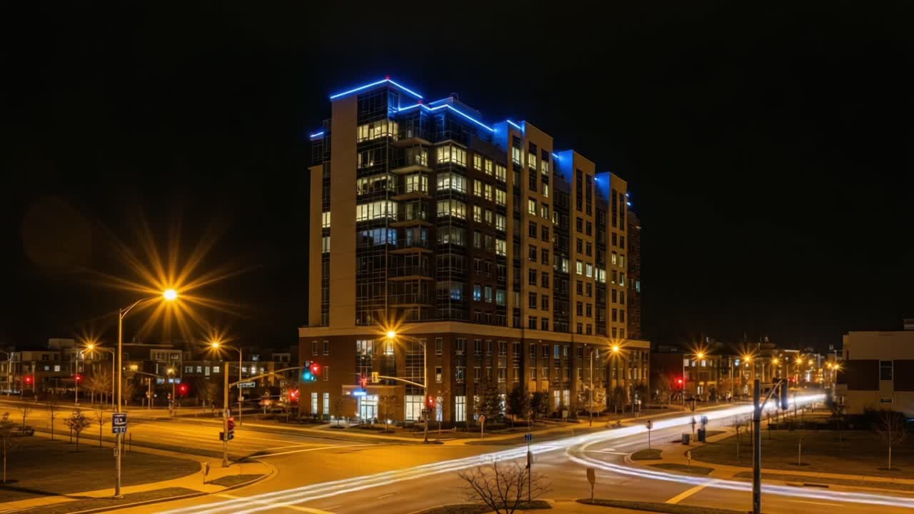 Captivating Nighttime Cityscape Featuring Contemporary Architecture with Illuminated Features and Vibrant Street Lighting Captured in Two Frames