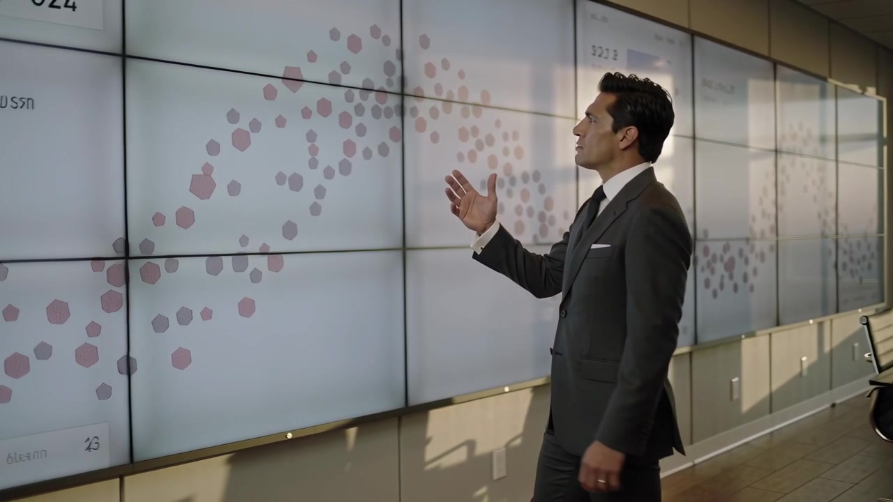 Businessman Presenting Data on Large Digital Screen in Modern Office