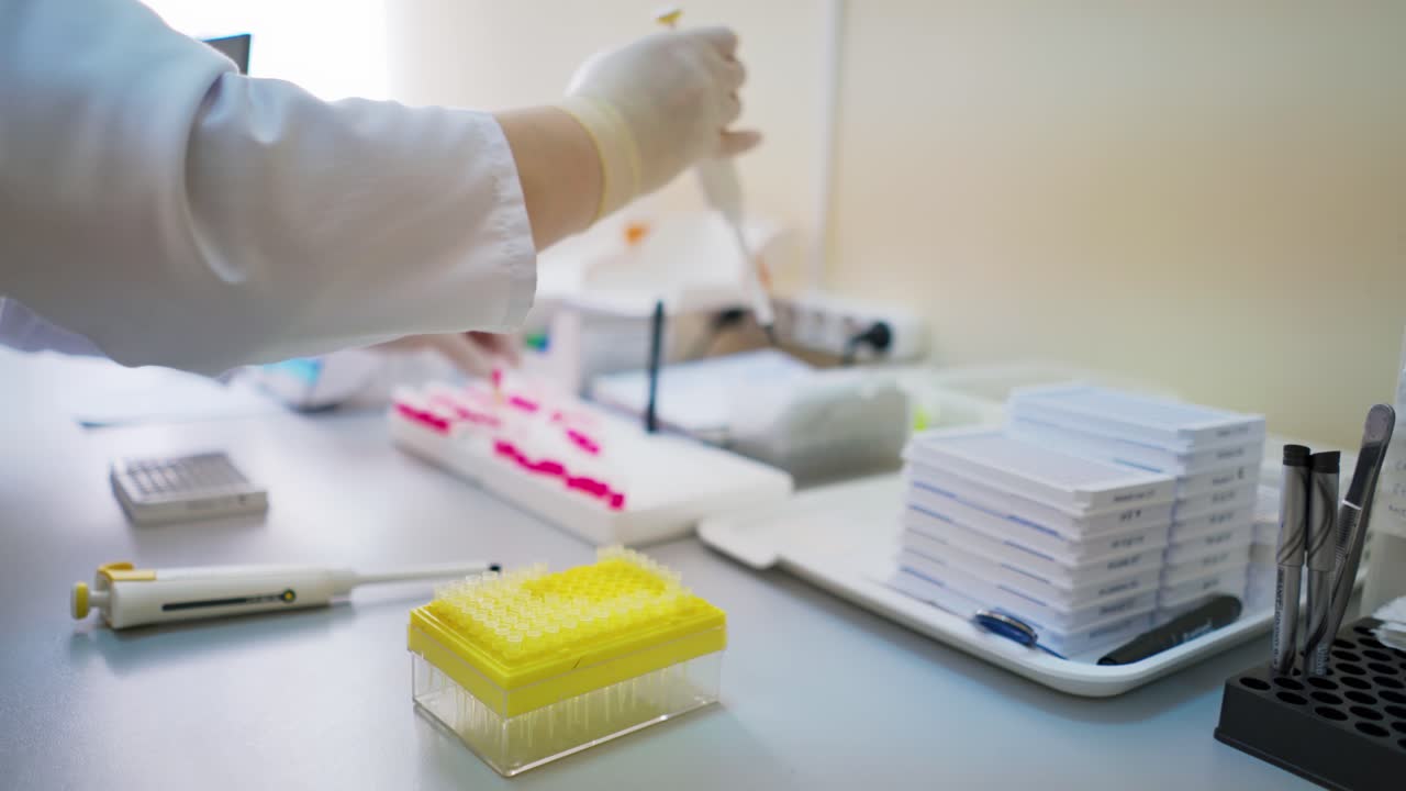 Medical laboratory. Female researcher working with test tubes on the table. Hands of a lab specialist doing analysis with samples indoors.