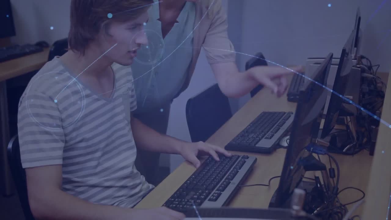 animación de la red de conexiones a través de estudiantes que utilizan computadoras