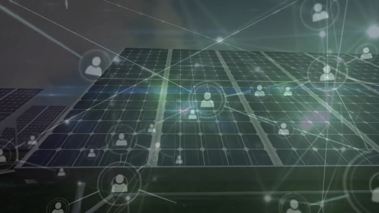 배경에 있는 태양 전지판 위의 선으로 연결된 프로필 아이콘의 애니메이션