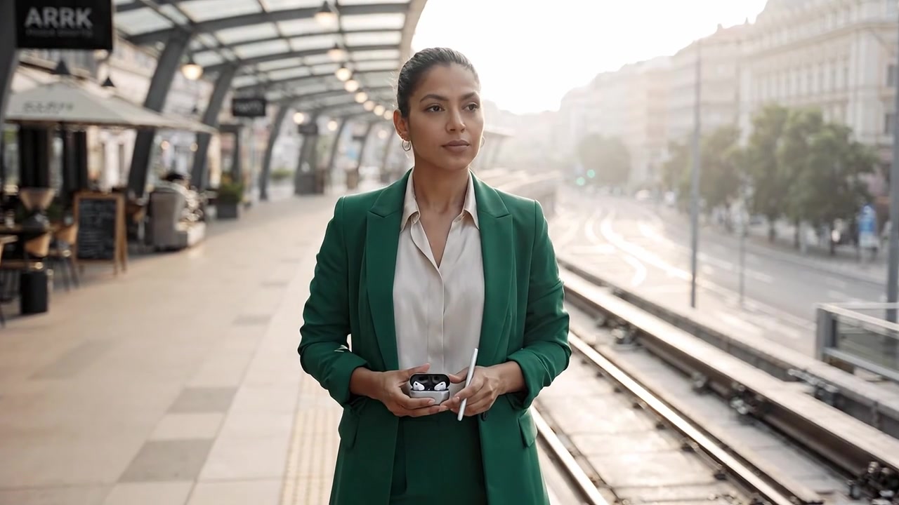 Uma mulher elegante em um terno verde está de pé confiantemente em uma plataforma de transporte urbano moderna, exalando profissionalismo e determinação durante as primeiras horas da manhã.