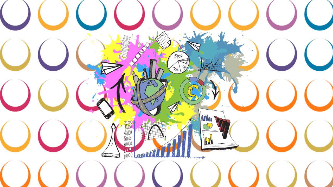 ⁇  바탕에 있는 다채로운 원 위에 있는 비즈니스 아이콘의 애니메이션