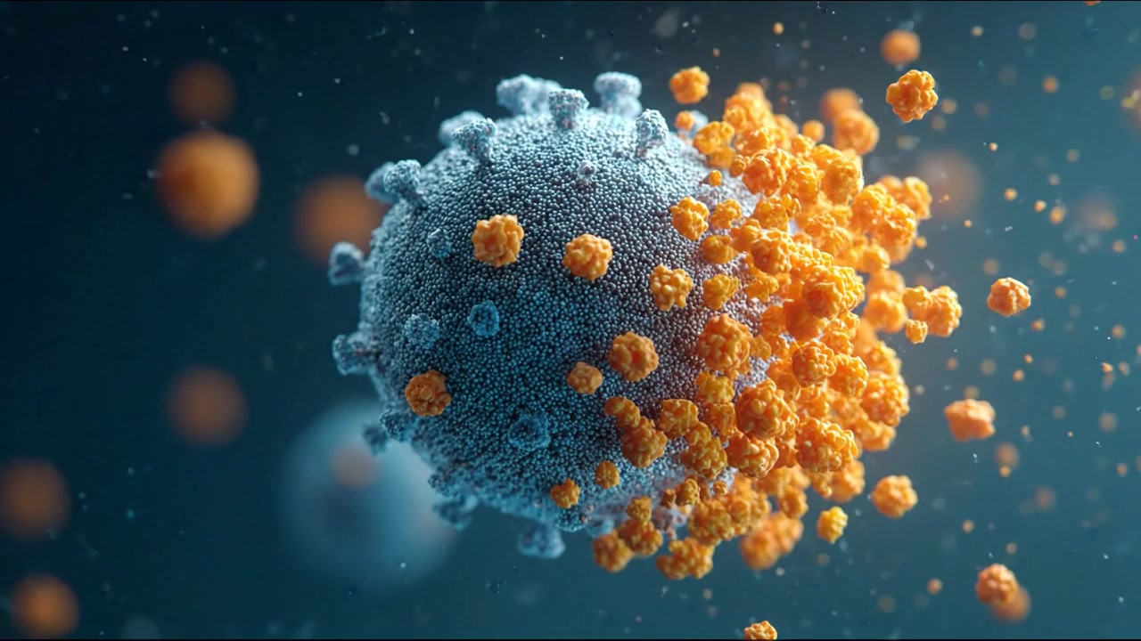 Animazione 3D di una cellula di coronavirus che si replica e si diffonde