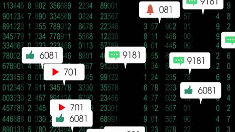animación de iconos de redes sociales con números sobre procesamiento de datos en fondo negro