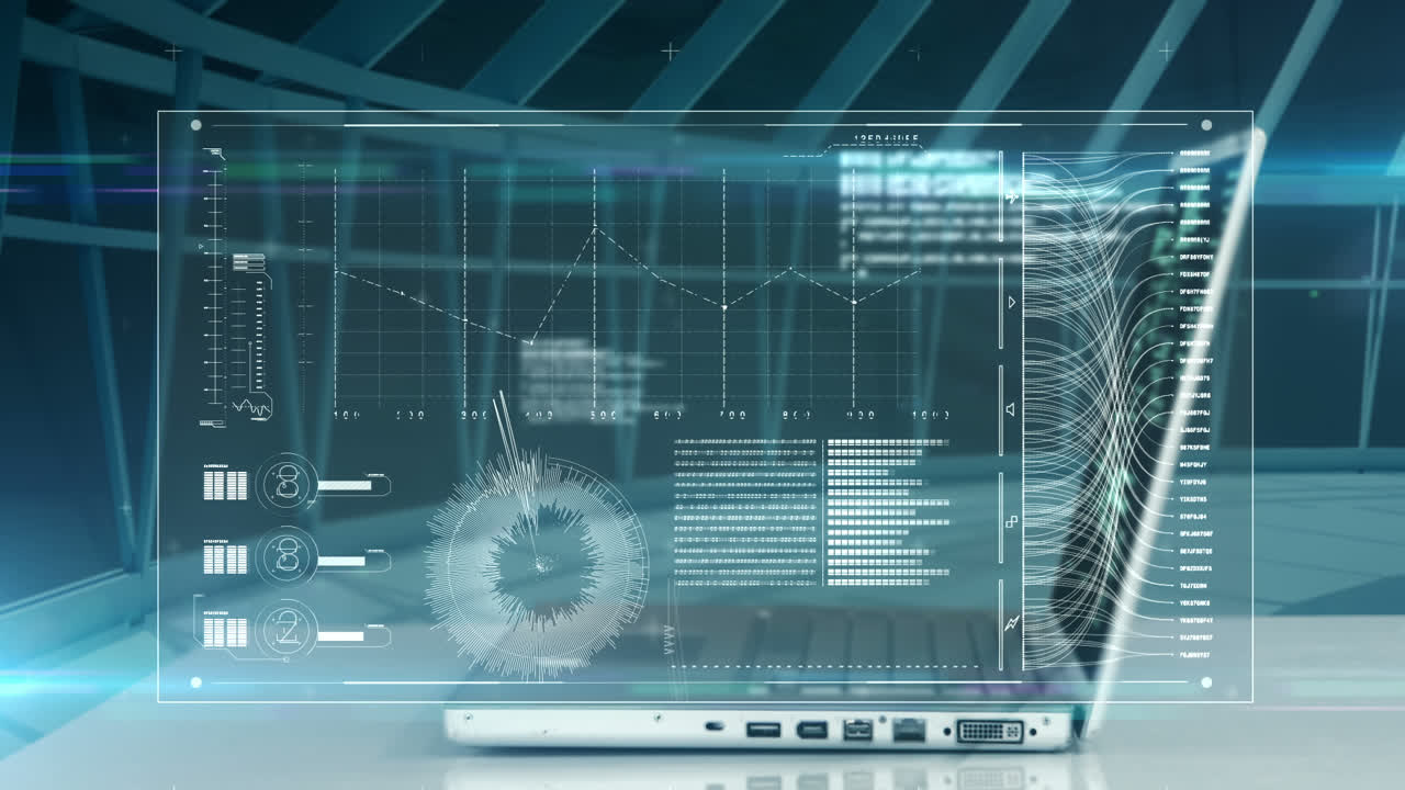 파란 인터페이스의 노트북을 사용하는 손