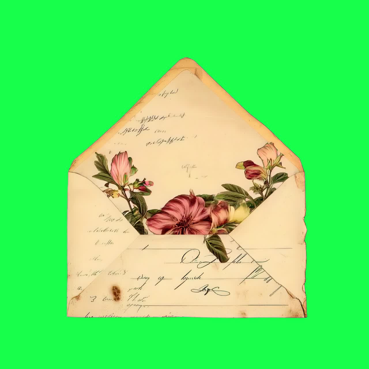 Vintage floral envelope art animation, transparent 4K video, green screen