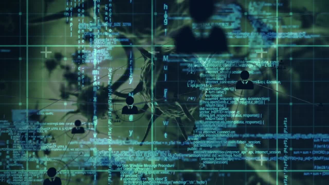 red de iconos de perfil y procesamiento de datos sobre múltiples células de covid-19 en fondo verde