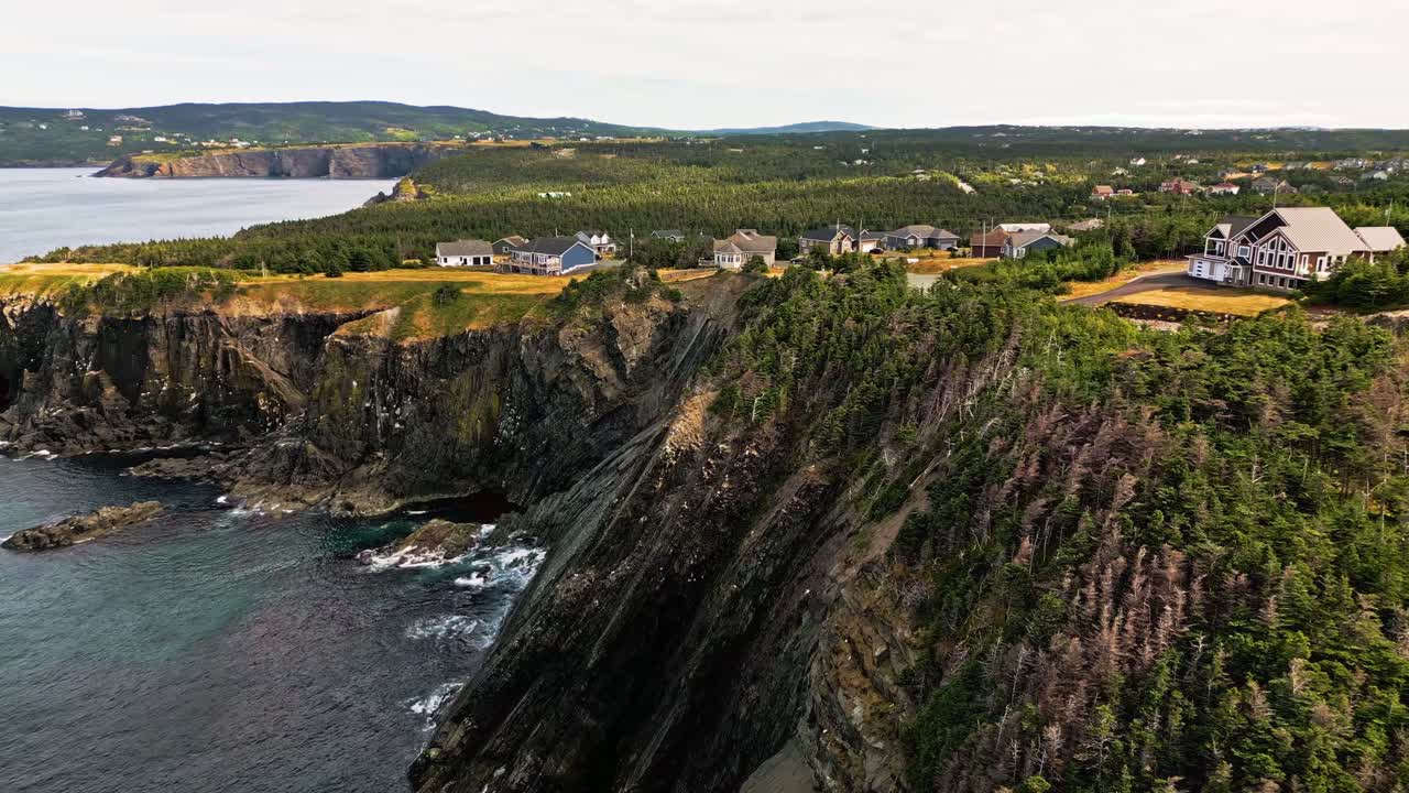 A drone captures Torbay's coastal farmland and rugged cliffs, dotted with scattered houses and green fields, with blue ocean and distant headland along Newfoundland's coast