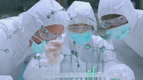 animación de moléculas sobre diversos científicos con tubos de ensayo de laboratorio