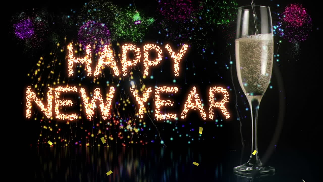 Animation of happy new year text greetings over glass of champagne and fireworks