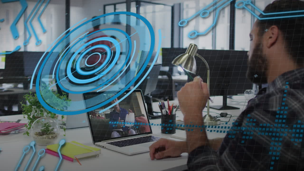 animación de círculos, ondas de sonido, patrón de placa de circuito, diversos compañeros de trabajo discutiendo en video llamada