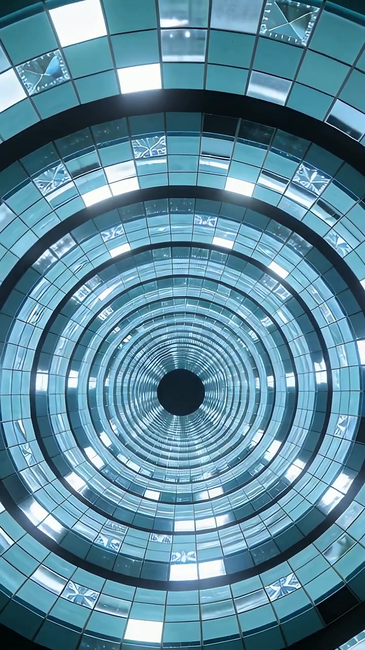 Video verticale: Telecamera in movimento all'interno di un atrio che mostra un pozzo circolare con anelli di vetro e un oculo scuro.