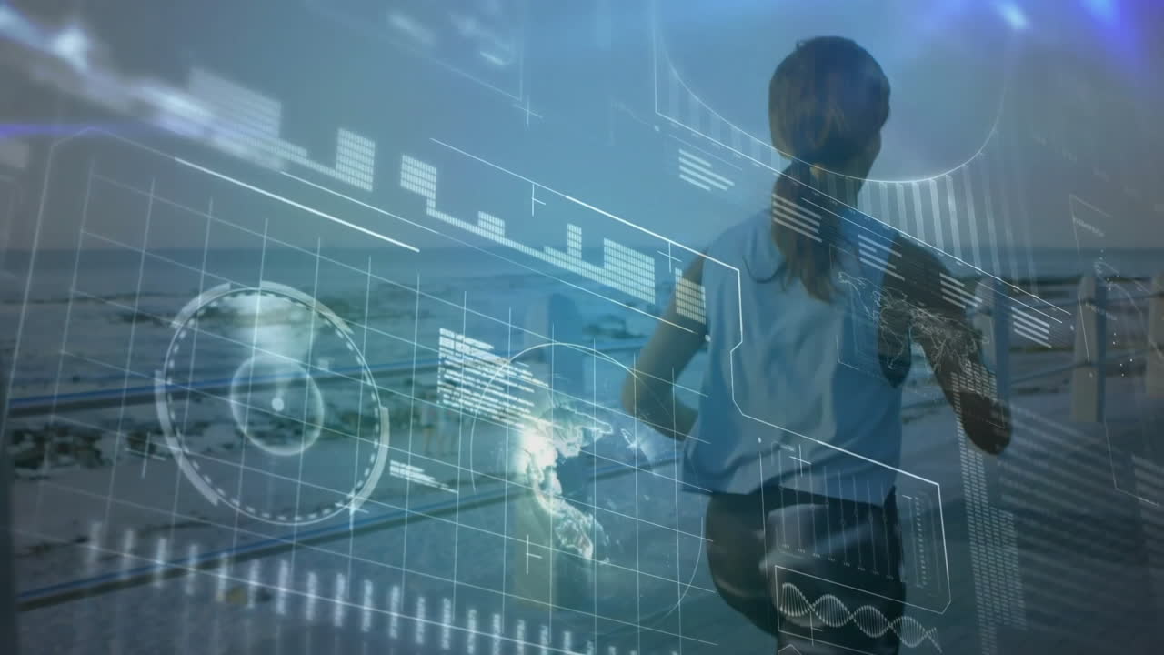 Animation of caucasian fit woman running and data processing