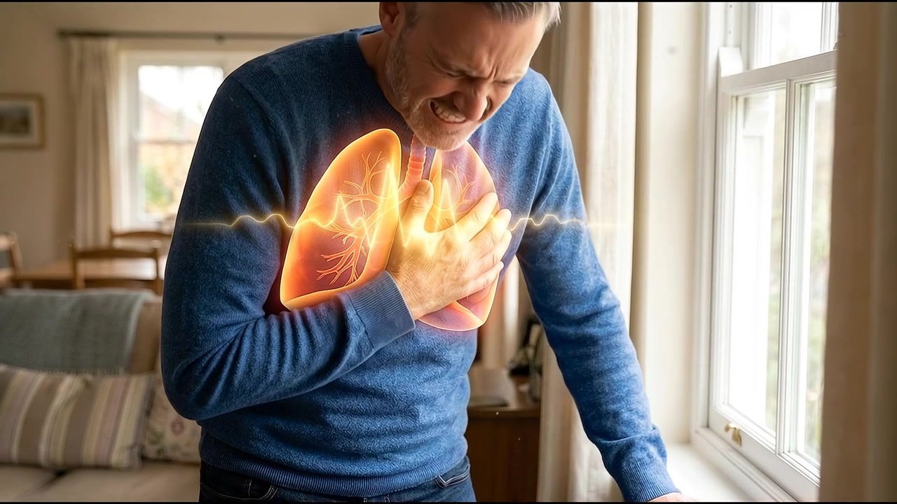 Man Experiencing Severe Chest Pain with Animated Lung Overlay