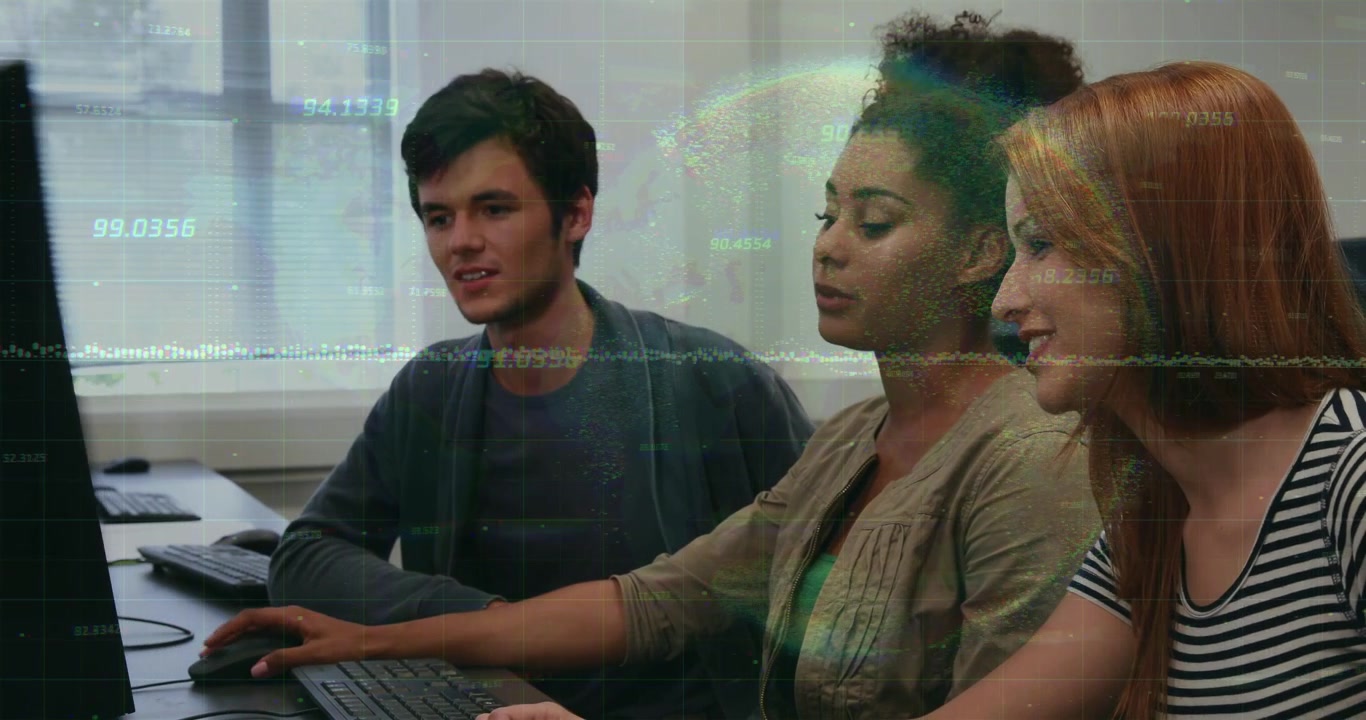 Center student using keyboard or mouse and PC, peers watching, training with data overlay on screen