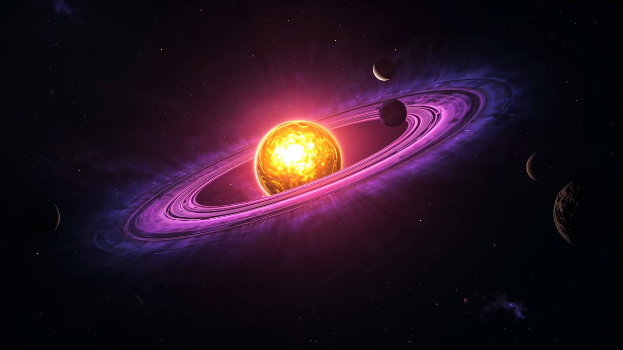 Orbiting star in space with magenta rings showing moon moving clockwise, gravity keeping orbits