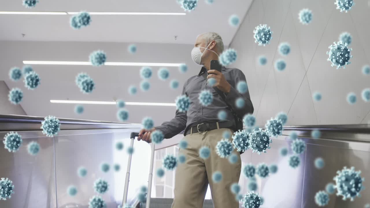 animación de células de covid-19 sobre un hombre mayor que usa una máscara facial