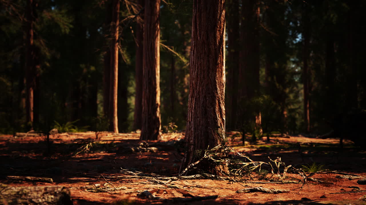 높은 소나무 가 있는 어두운 숲 장면