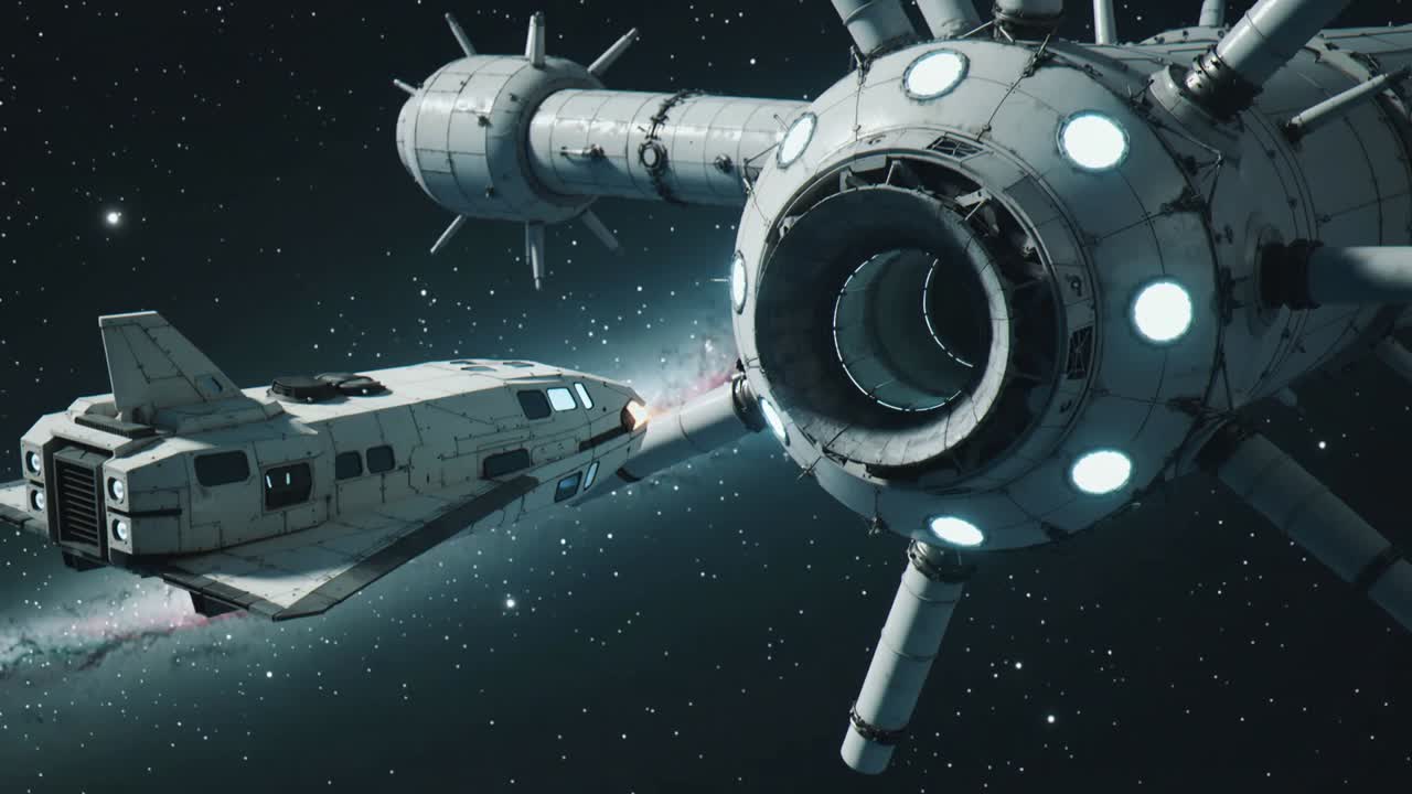 Reacting to ring lights on, gray shuttle entering space station ring to dock, with pink exhaust