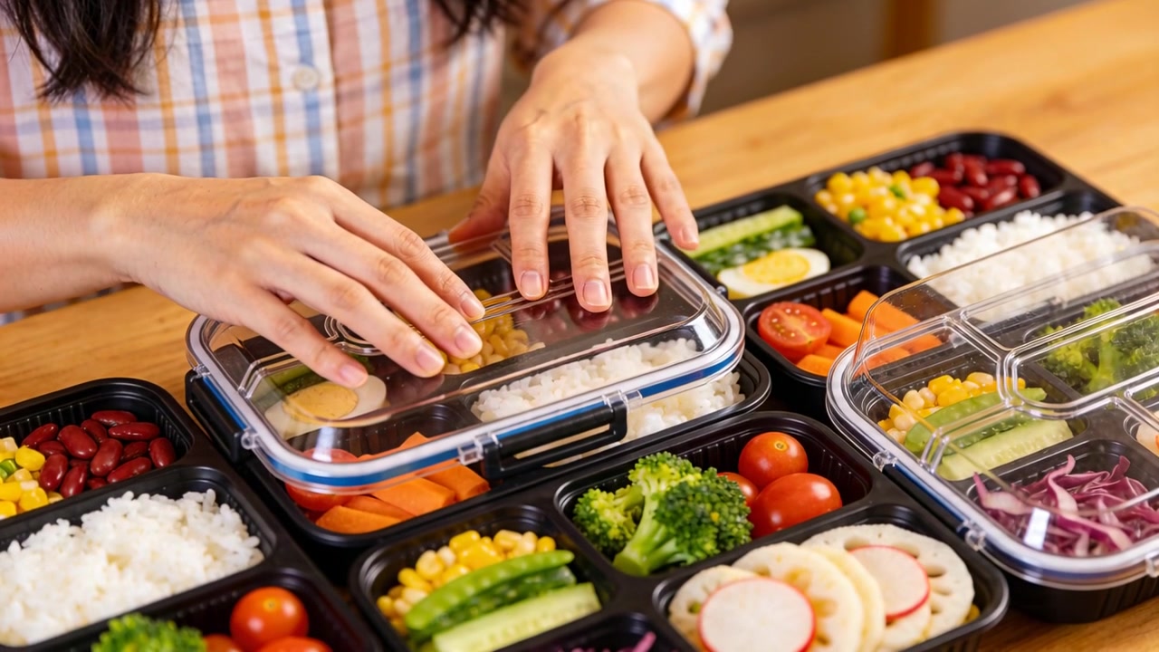 Reaching top, hands in plaid aligning, snapping clear lids clips on wooden table boxes for storage