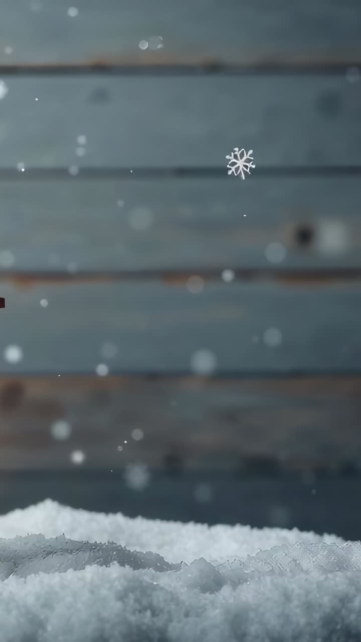 Vertical video: Focusing camera, showing flakes falling onto fresh snow mound on ledge, plank wall