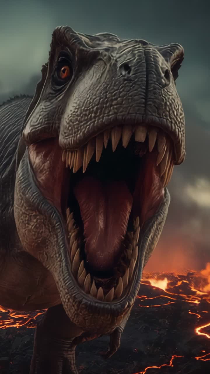 Vertical video: Camera zooming out revealing T-rex roaring on lava plain amid glowing lava fissures
