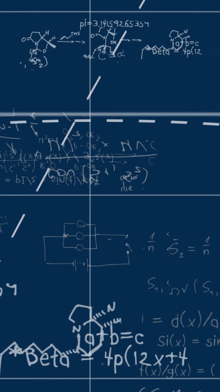 Animazione di linee su motivo a griglia, equazioni e diagrammi matematici su sfondo nero.