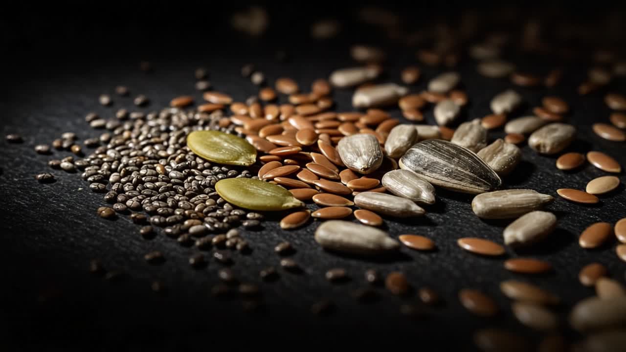A Close-up View of Various Nutrient-Rich Seeds Laid Out on a Dark Surface, Highlighting Their Textures and Colors in Natural Lighting