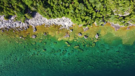 aerial headshot of beautiful rocky beach on georgian bay with clearly water, ontario, canada