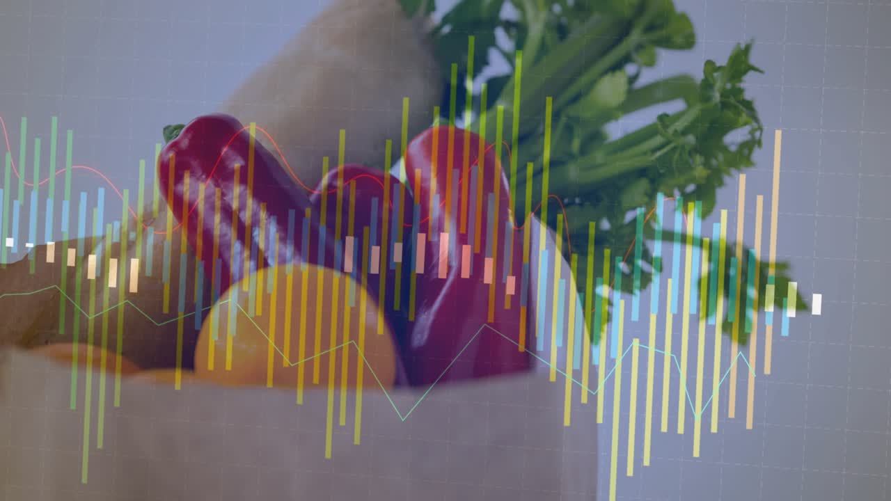 Visualizer bars appearing from left edge and rising, overlaying grocery bag visualizing audio data