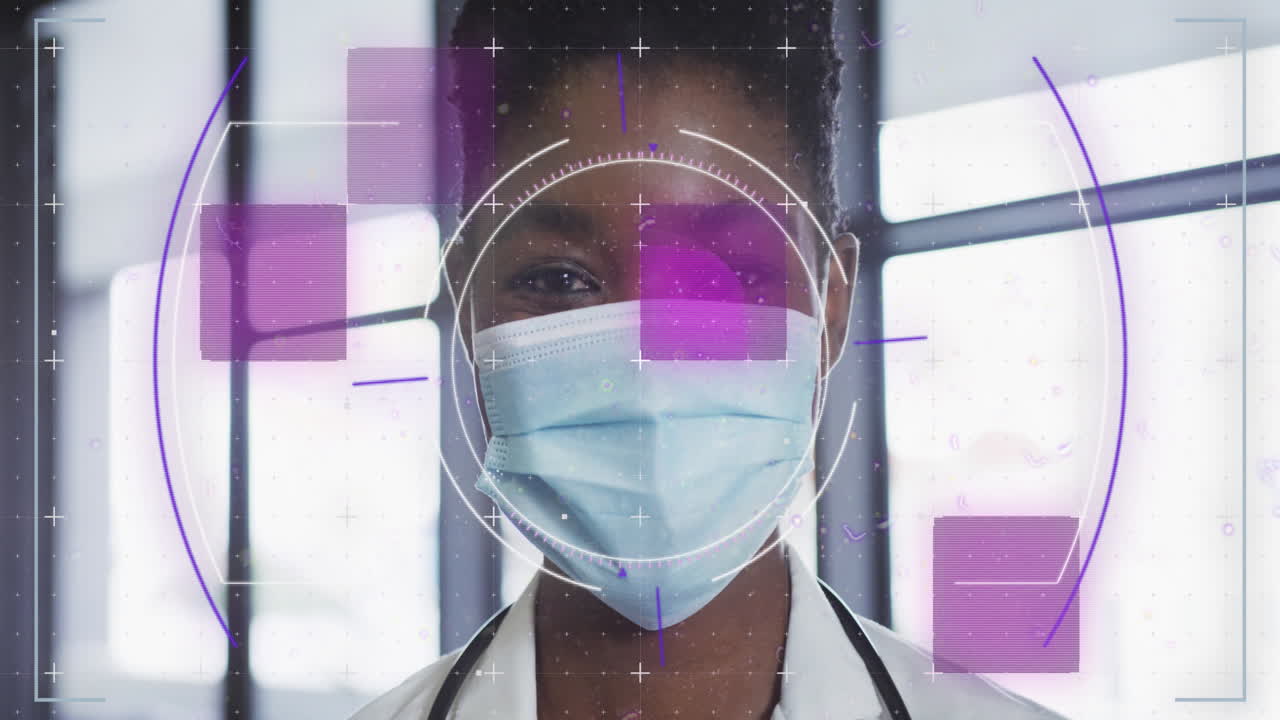 Animation of data processing over african american female doctor in face mask