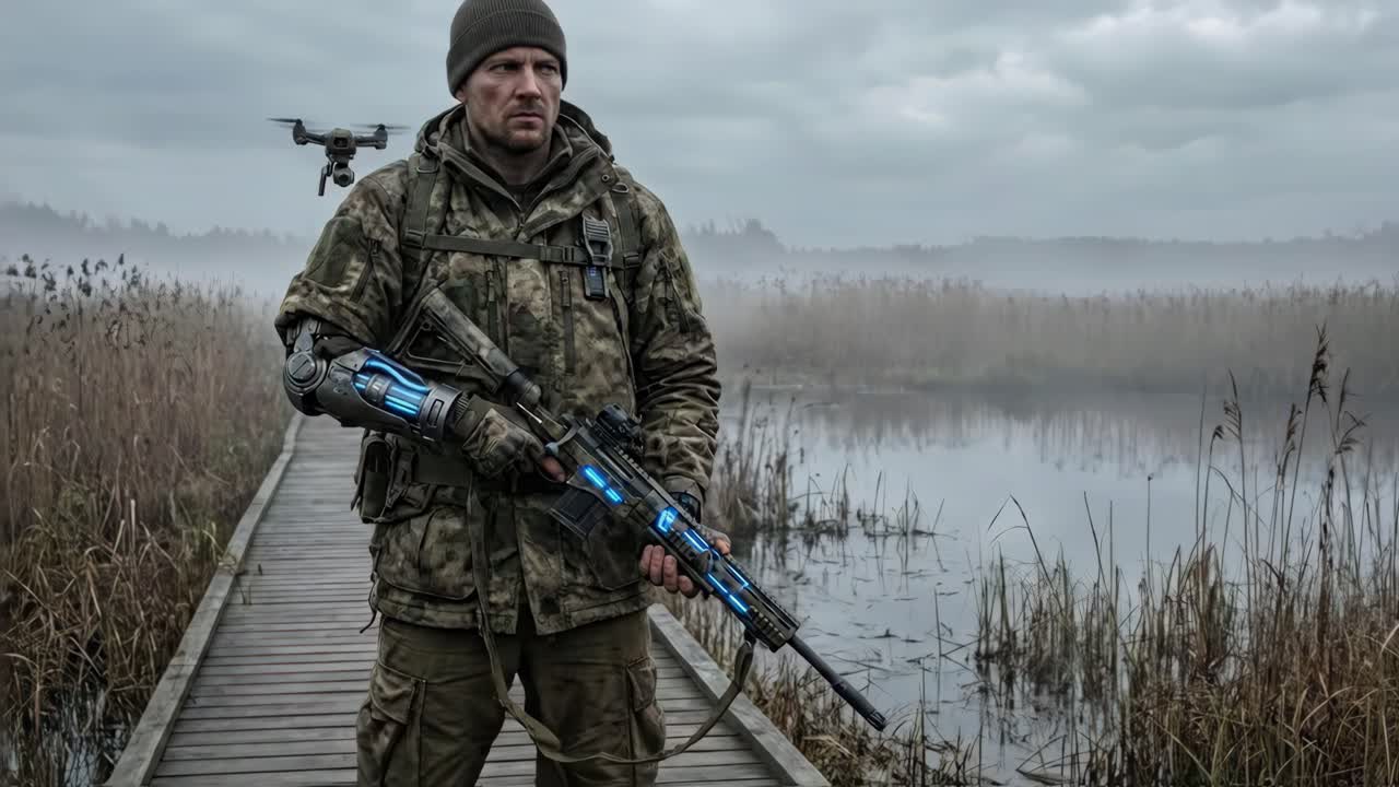 Futuristisk soldat med kybernetisk arm og lysende rifle sikter i mystisk våtmark