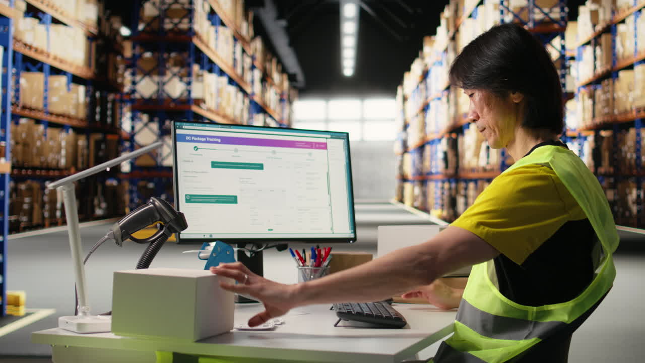 Vertical Video Distribution hub staff printing and applying awb labels on packages