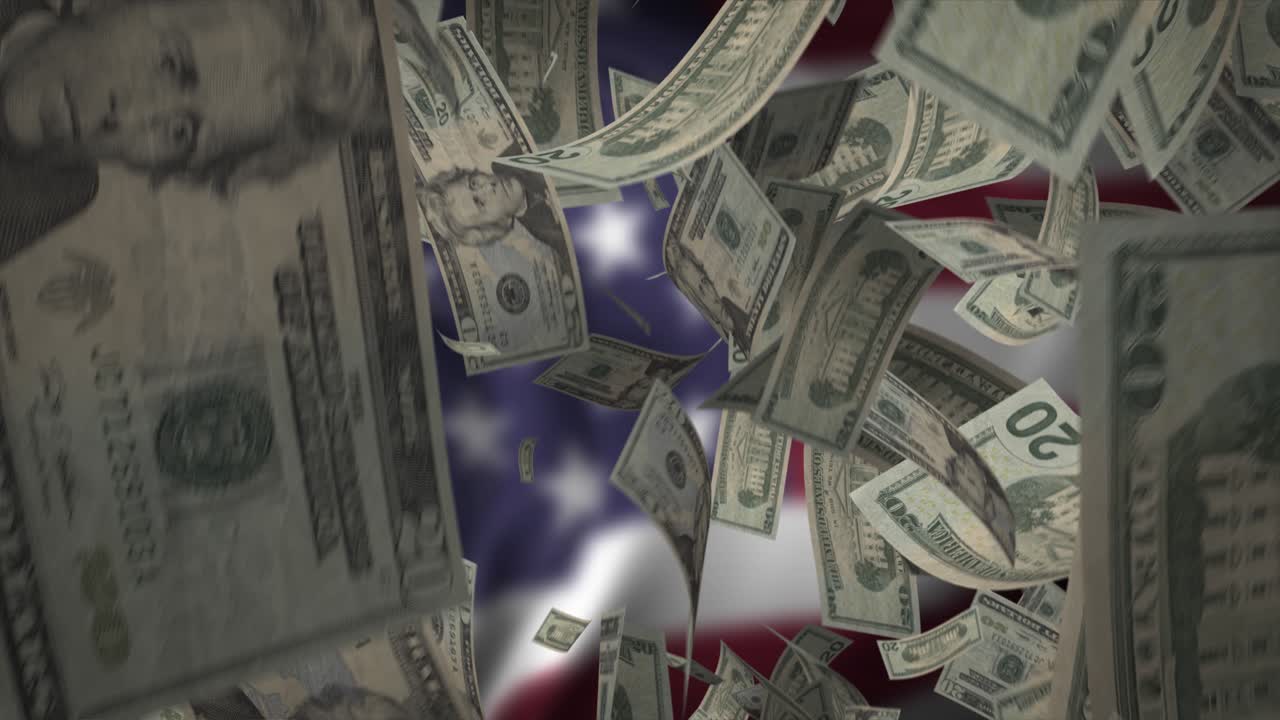 Falling US Dollars over American Flag