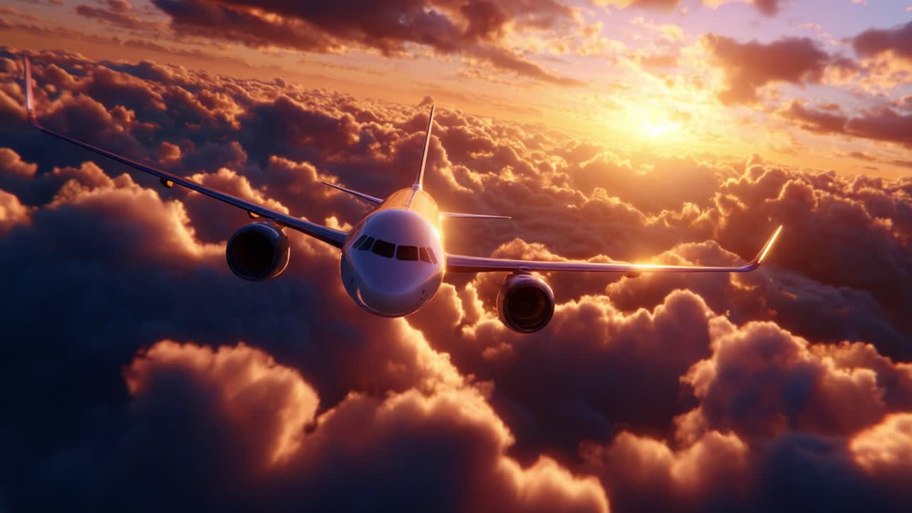 A majestic airplane soaring through the vibrant clouds at sunset, capturing the beauty of travel, adventure, and the breathtaking interplay of light as day transitions to night in the sky