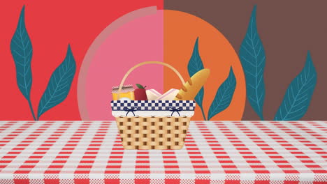 animación de una canasta con comida sobre hojas
